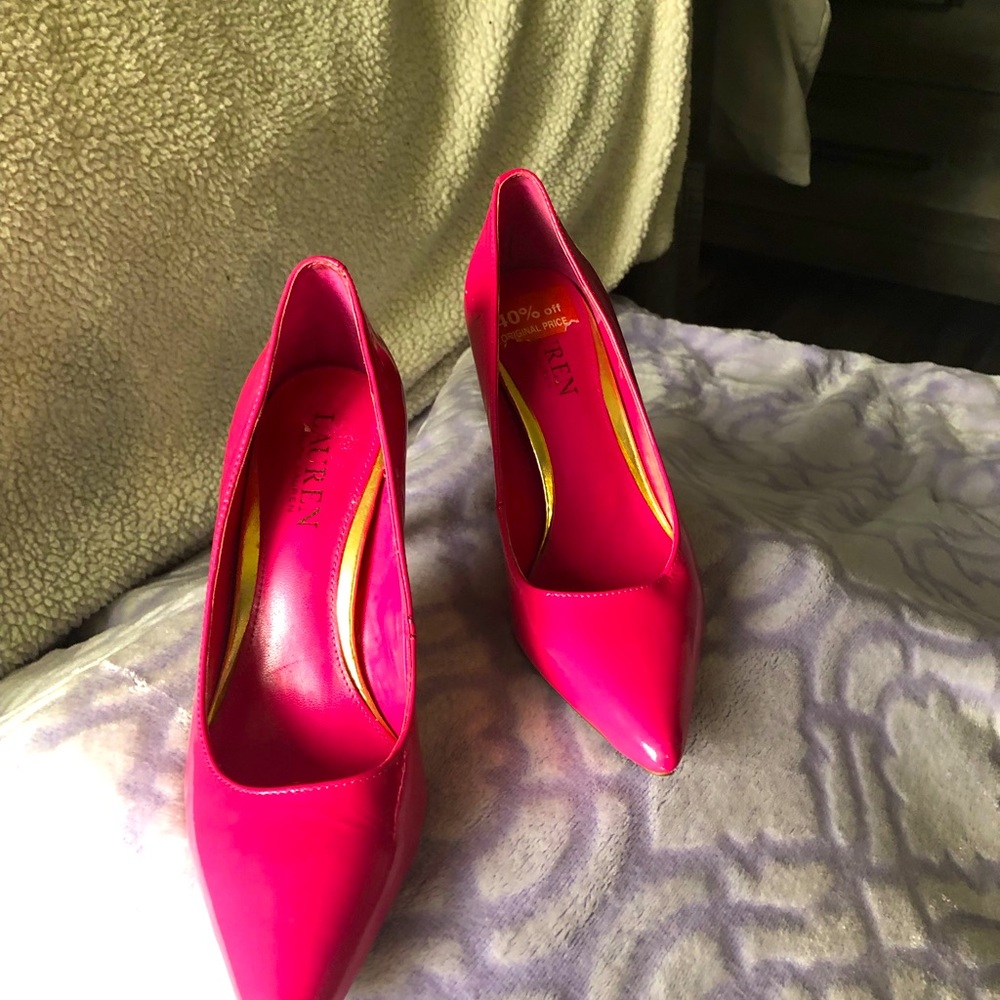 Ralph Lauren hot pink pumps with gold accent. Used